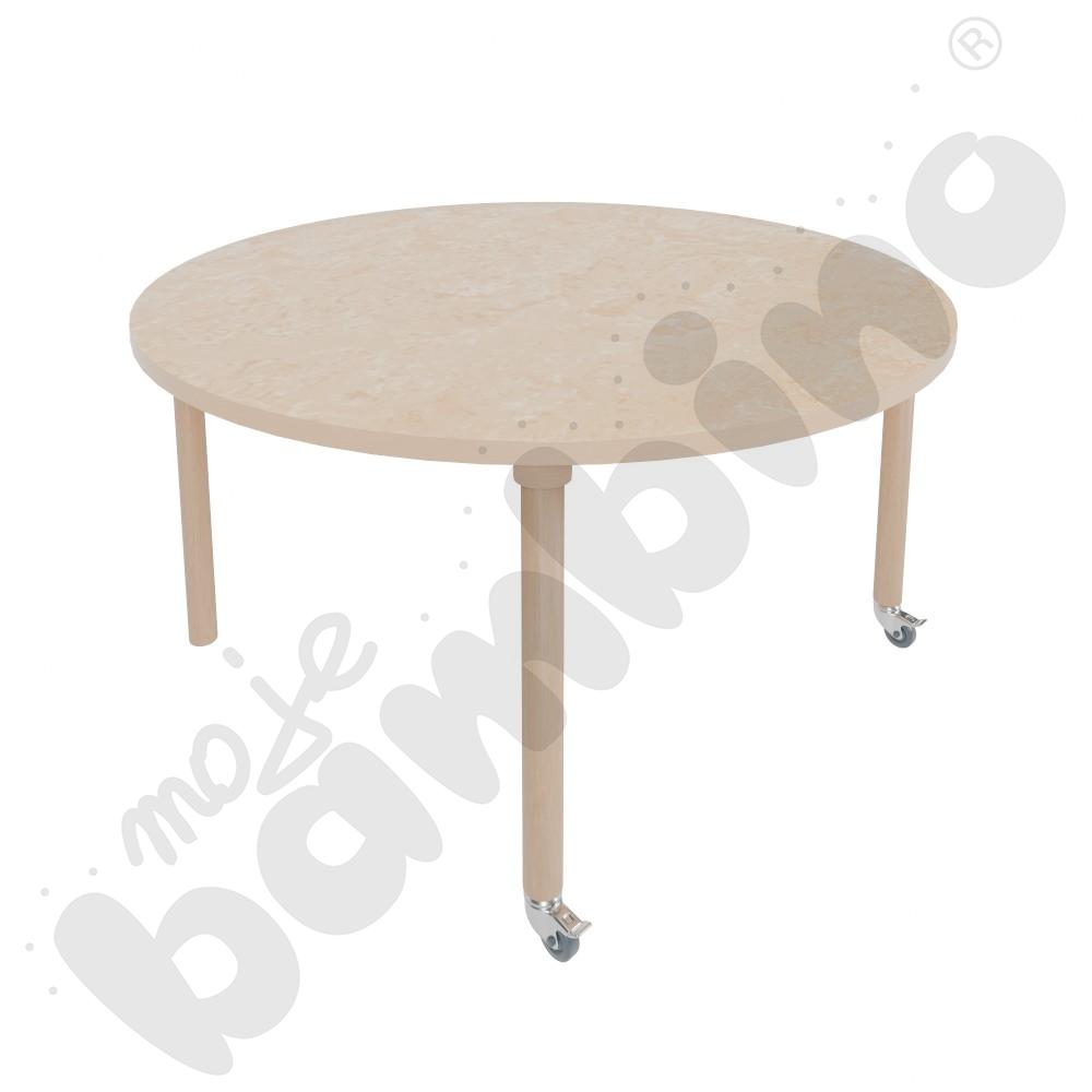 Stół Marcus śr. 120 cm, rozm. 4, nogi drewniane brzozowe z 2 kółkami, blat cichy beżowy, obrzeże ABS