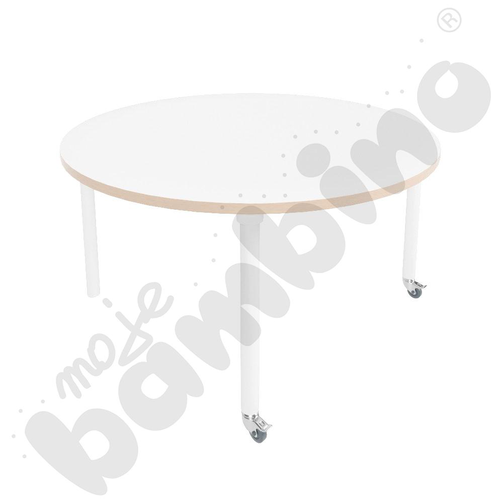 Stół Marcus śr. 120 cm, rozm. 4, nogi drewniane białe z 2 kółkami, blat HPL biały, obrzeże ABS