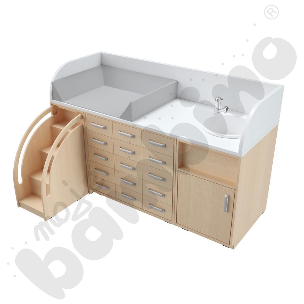 Zestaw przewijaków 6, gł. 75 cm, z umywalką, schody po lewo - szary materac