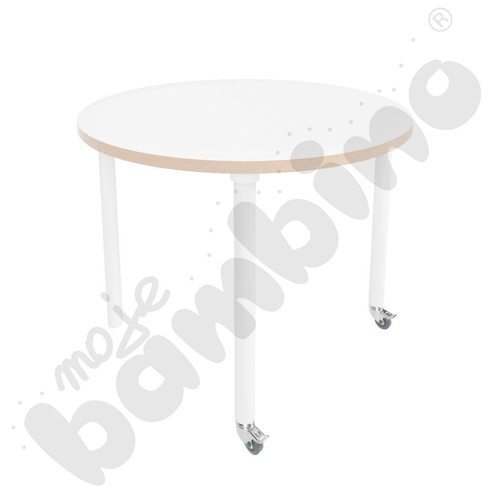 Stół Marcus śr. 90 cm, rozm. 5, nogi drewniane białe z 2 kółkami, blat biały, obrzeże ABS