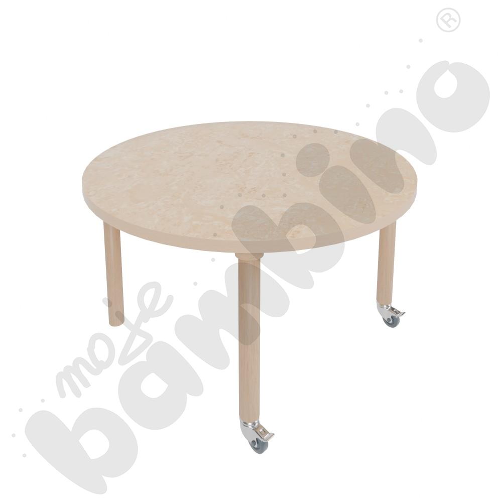 Stół Marcus śr. 90 cm, rozm. 2, nogi drewniane brzozowe z 2 kółkami, blat cichy beżowy, obrzeże ABS