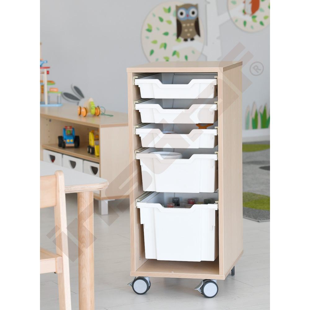 Flexi regál D na plastové zásobníky - 1 sloup - s kolečky