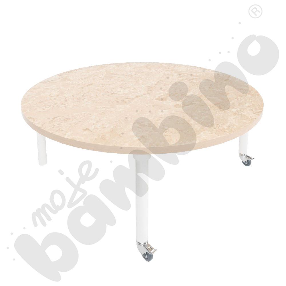 Stół Marcus śr. 120 cm, rozm. 1, nogi drewniane białe z 2 kółkami, blat cichy beżowy, obrzeże ABS