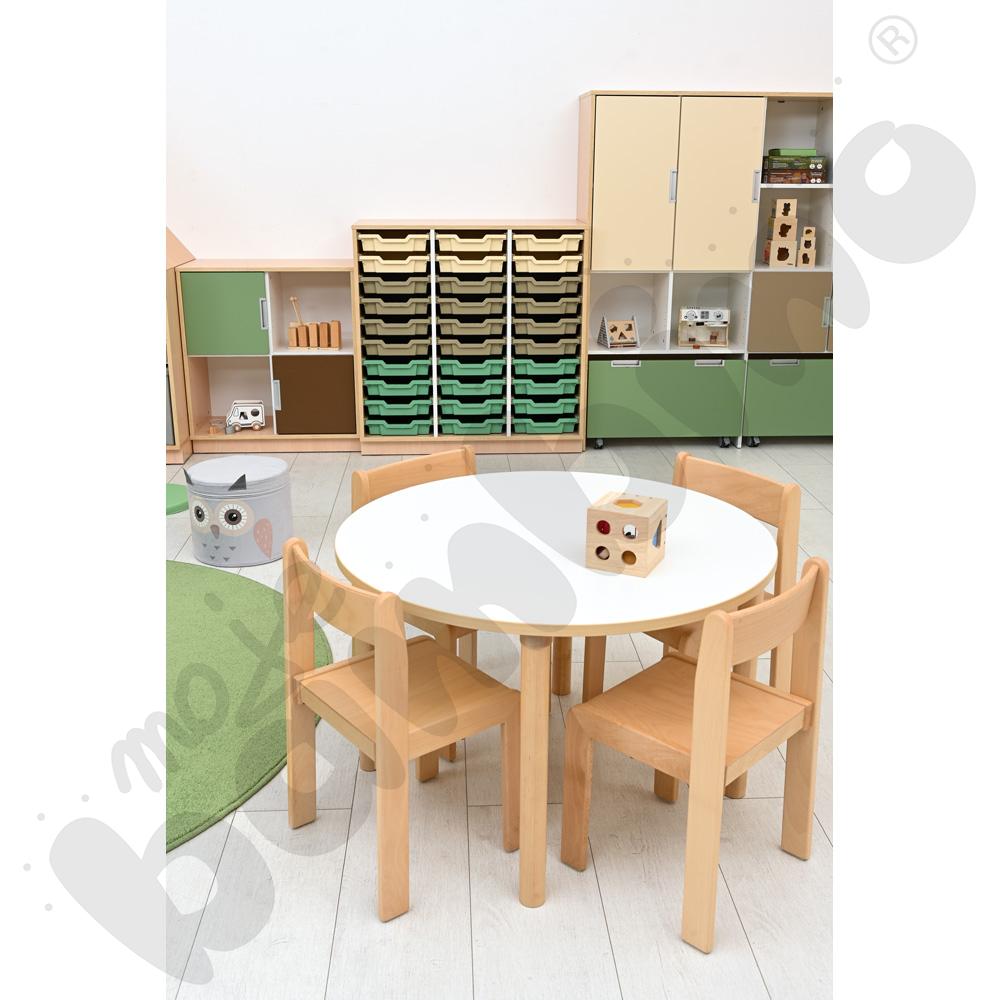 Stół Marcus okrągły 90 x 90 rozm. 3, stelaż drewniany brzozowy, stopka drewniana, blat HPL biały, narożniki zaokrąglone