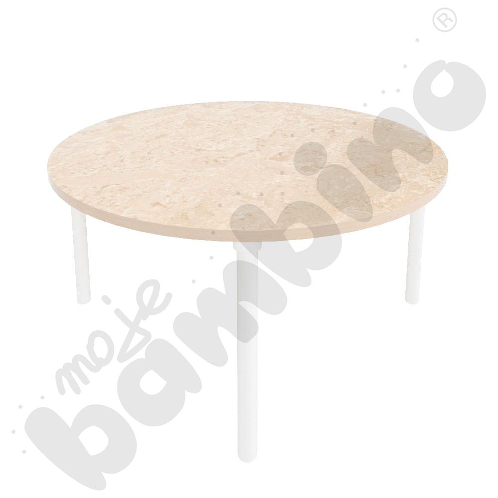 Stół Marcus Cichy okrągły 120 x 120 rozm. 3, stelaż drewniany biały, stopka drewniana, blat beżowy, narożniki zaokrąglone