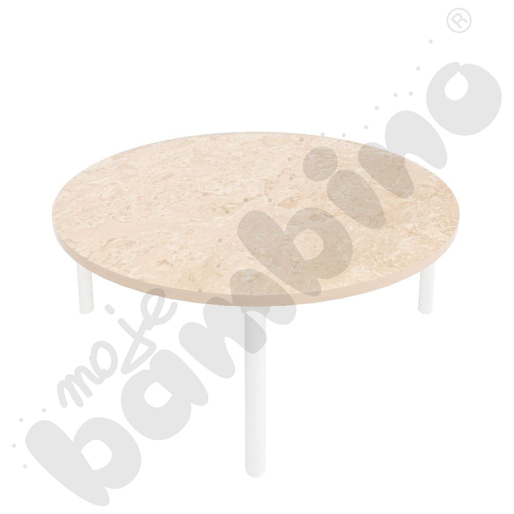 Stół Marcus śr. 120 cm, rozm. 1, nogi drewniane białe, blat cichy beżowy, obrzeże ABS