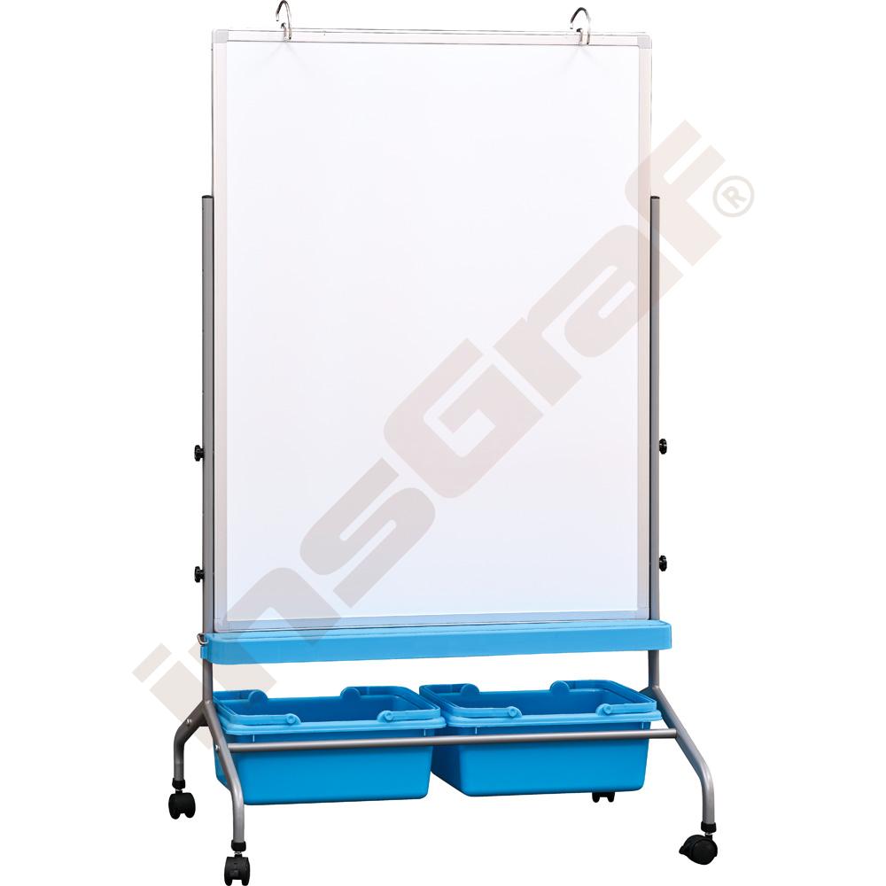 Mobilná, magnetická, nasucho stierateľná tabuľa 75 x 100 cm - modré úložné boxy