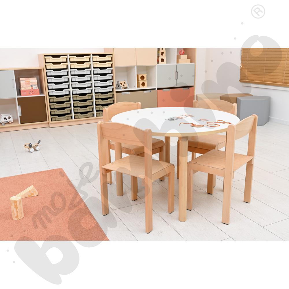 Stół Marcus okrągły 90 x 90 rozm. 3, stelaż drewniany brzozowy, stopka drewniana, blat HPL biały, narożniki zaokrąglone