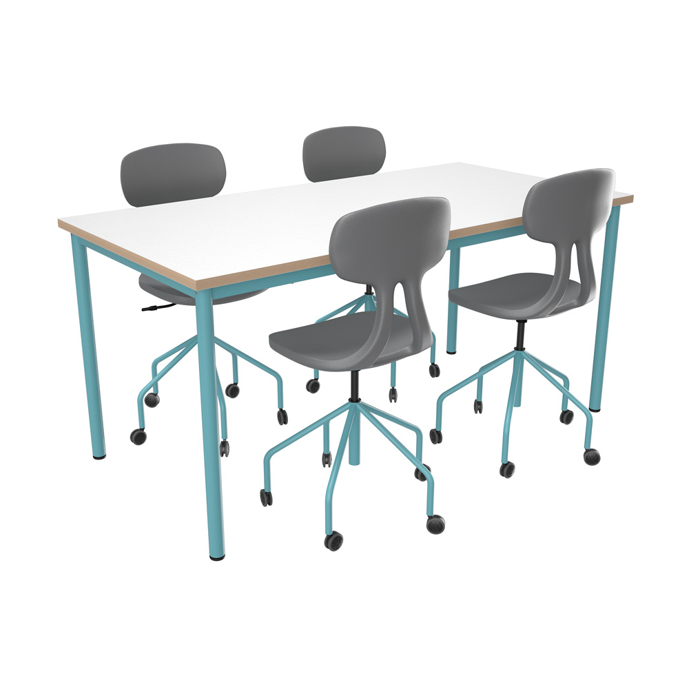 Stôl Mila 160 x 80 biely, tyrkysová konštrukcia, so 4 stoličkami Piano sivo-tyrkysovými, veľ. 6