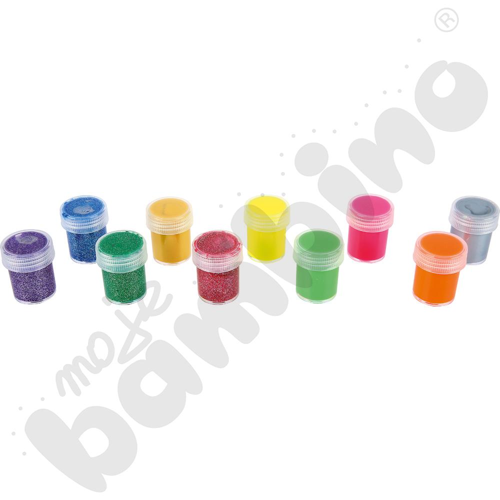 Farby plakatowe 10 kolorów (4xfluo, 4xbrokat, srebrna, złota)