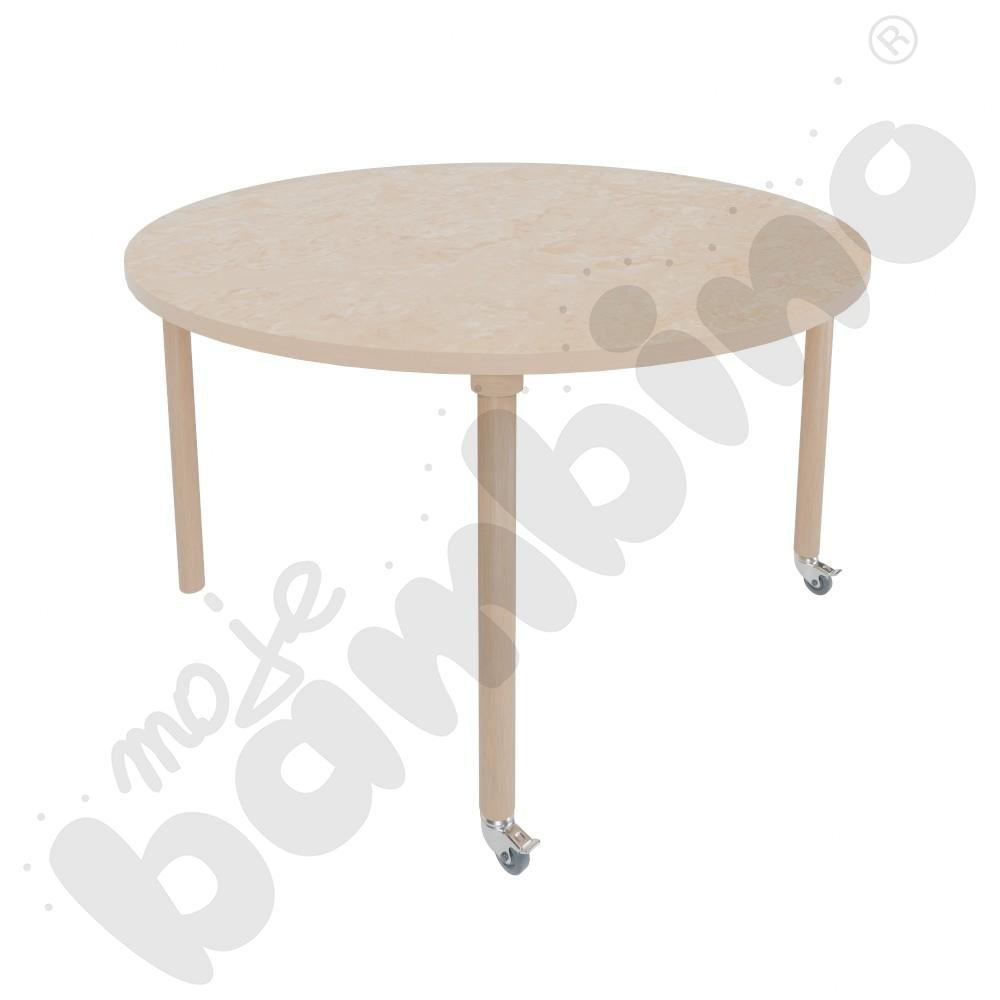 Stół Marcus śr. 120 cm, rozm. 5, nogi drewniane brzozowe z 2 kółkami, blat cichy beżowy, obrzeże ABS