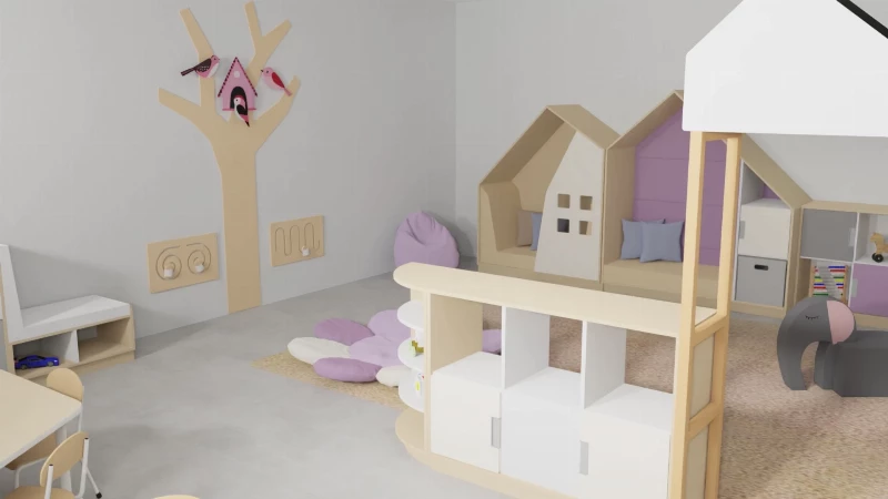 Trieda v materskej škole v odtieňoch fialovej