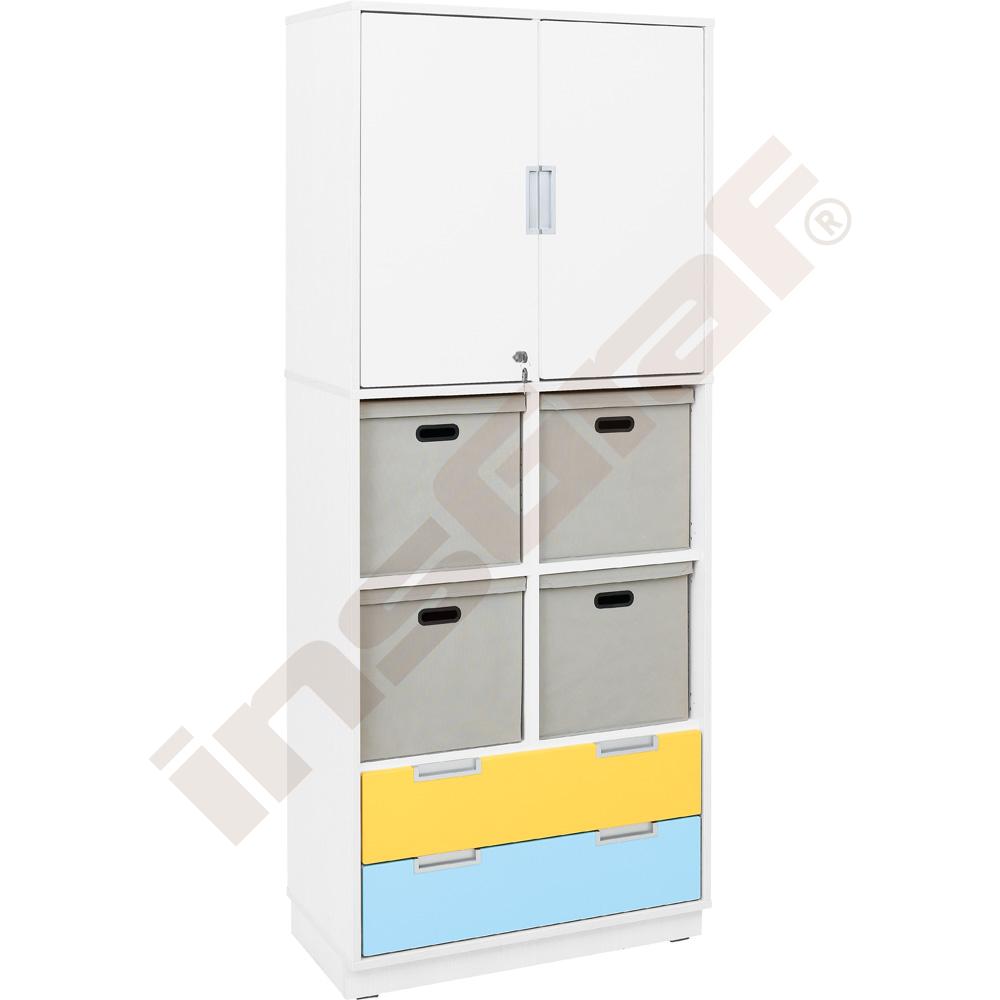
Hochschrank mit Schubladen und Textilboxen, B 79, H 201, weiß - grau/weiß/gelb (Quadro 105W-180°)
