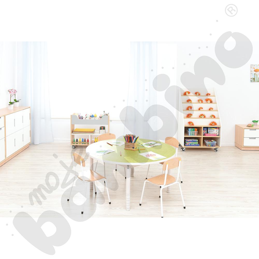 Cichy stół Plus okrągły zielony z 4 krzesłami Bambino białymi, rozm. 1