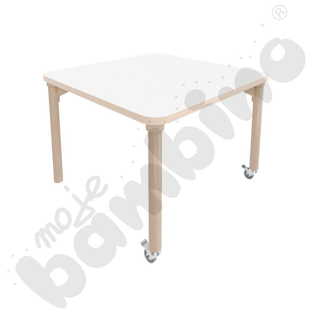 Stół Marcus 80 x 80 cm, rozm. 3, nogi drewniane brzozowe z 2 kółkami, blat HPL biały, obrzeże ABS