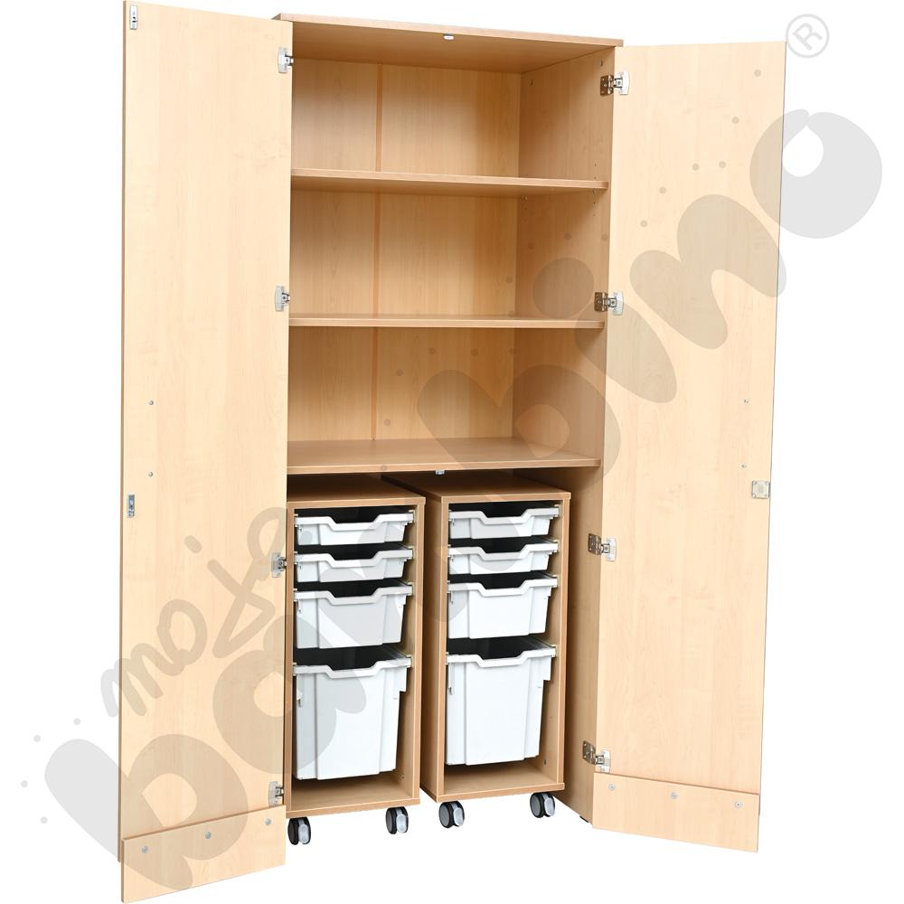 Szafa wysoka Flexi z mobilnymi organizerami i pojemnikami - jasnoszarymi