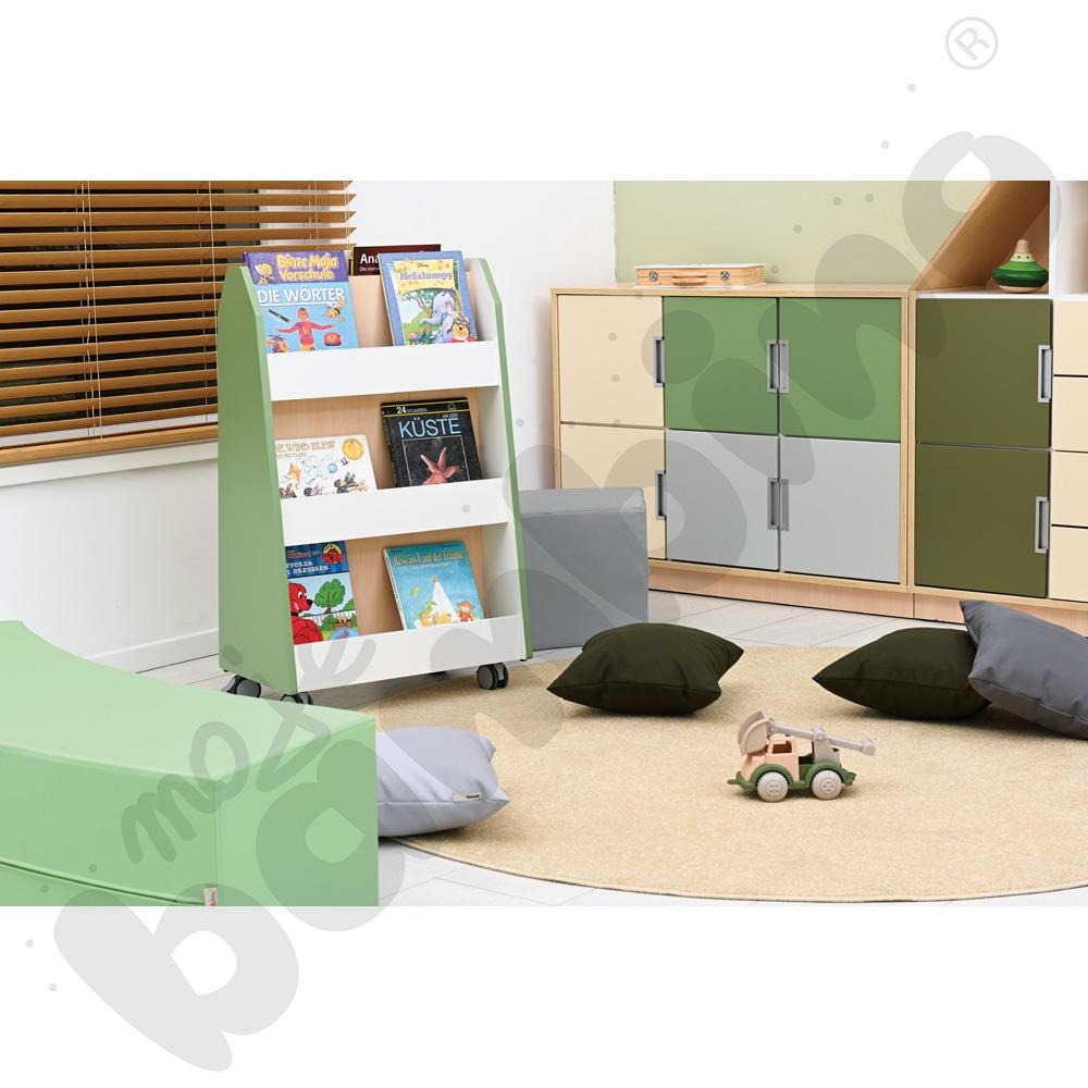 Quadro - dwustronna biblioteczka mobilna, oliwkowa, skrzynia klon jasny