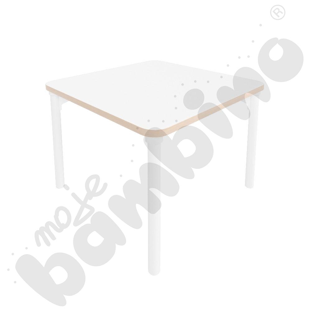 Stół Marcus kwadratowy 80 x80 rozm. 3, stelaż drewniany biały, stopka drewniana, blat biały, narożniki zaokrąglone