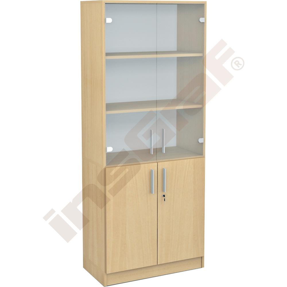 
EXPO Schrank 185 mit Glasvitrine, auf Sockel, Griffleisten, Ahorn E
