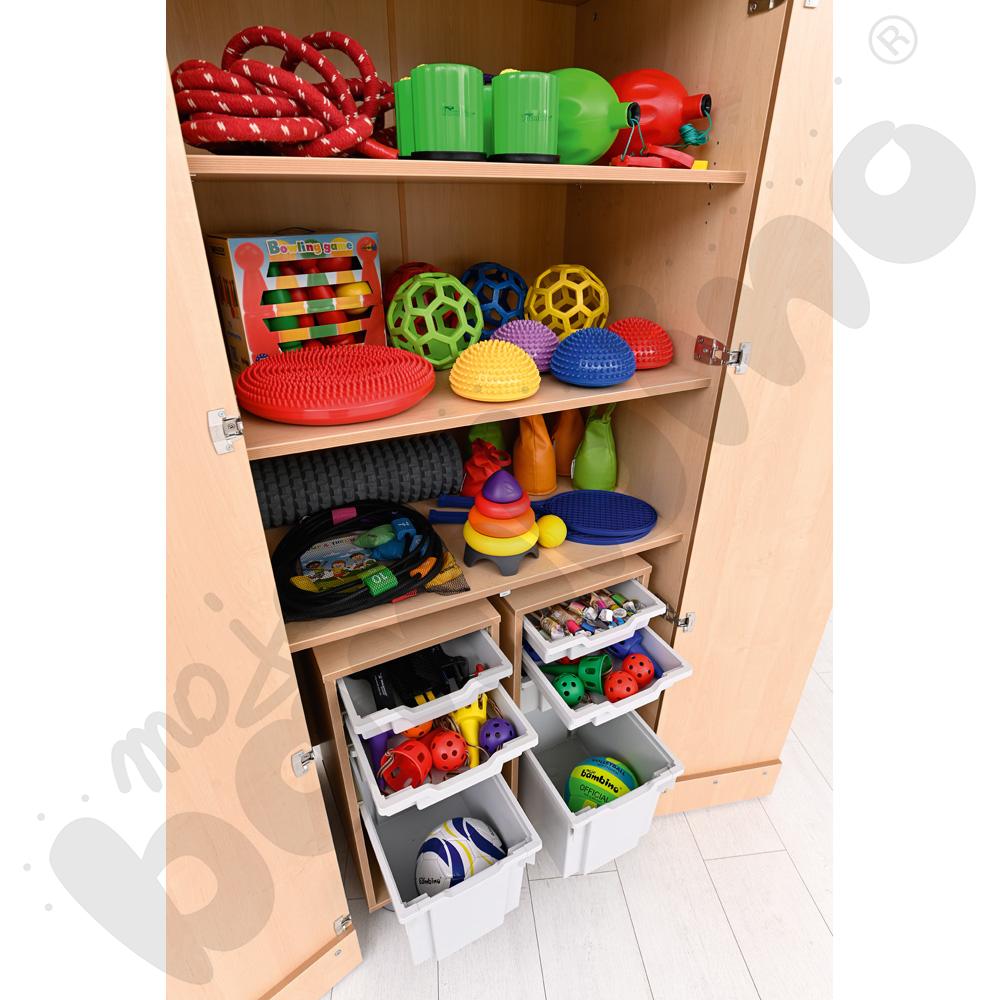 Szafa wysoka Flexi z mobilnymi organizerami i pojemnikami - jasnoszarymi