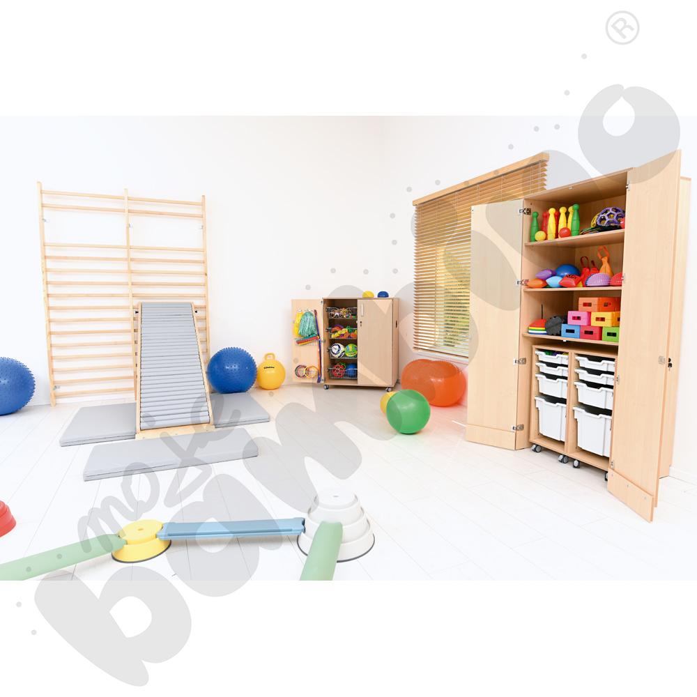 Szafa wysoka Flexi z mobilnymi organizerami i pojemnikami - jasnoszarymi