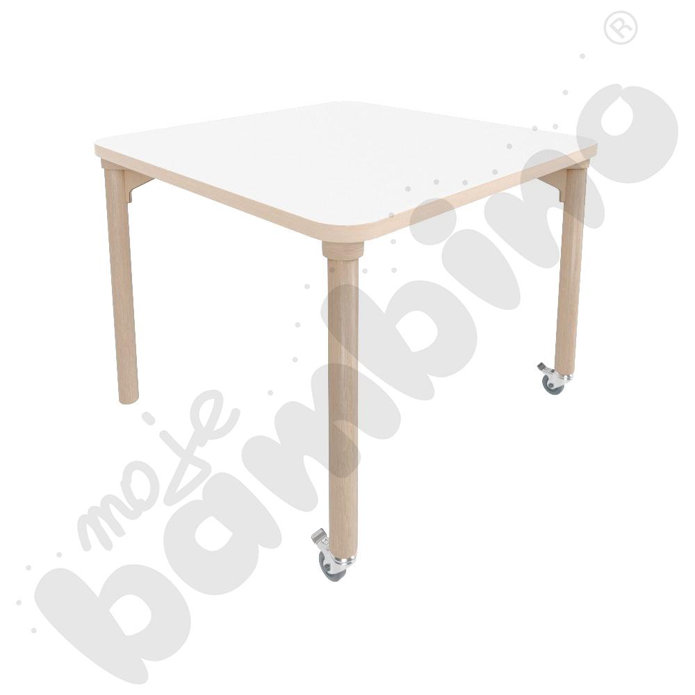 Stół Marcus 80 x 80 cm, rozm. 4, nogi drewniane brzozowe z 2 kółkami, blat biały, obrzeże ABS