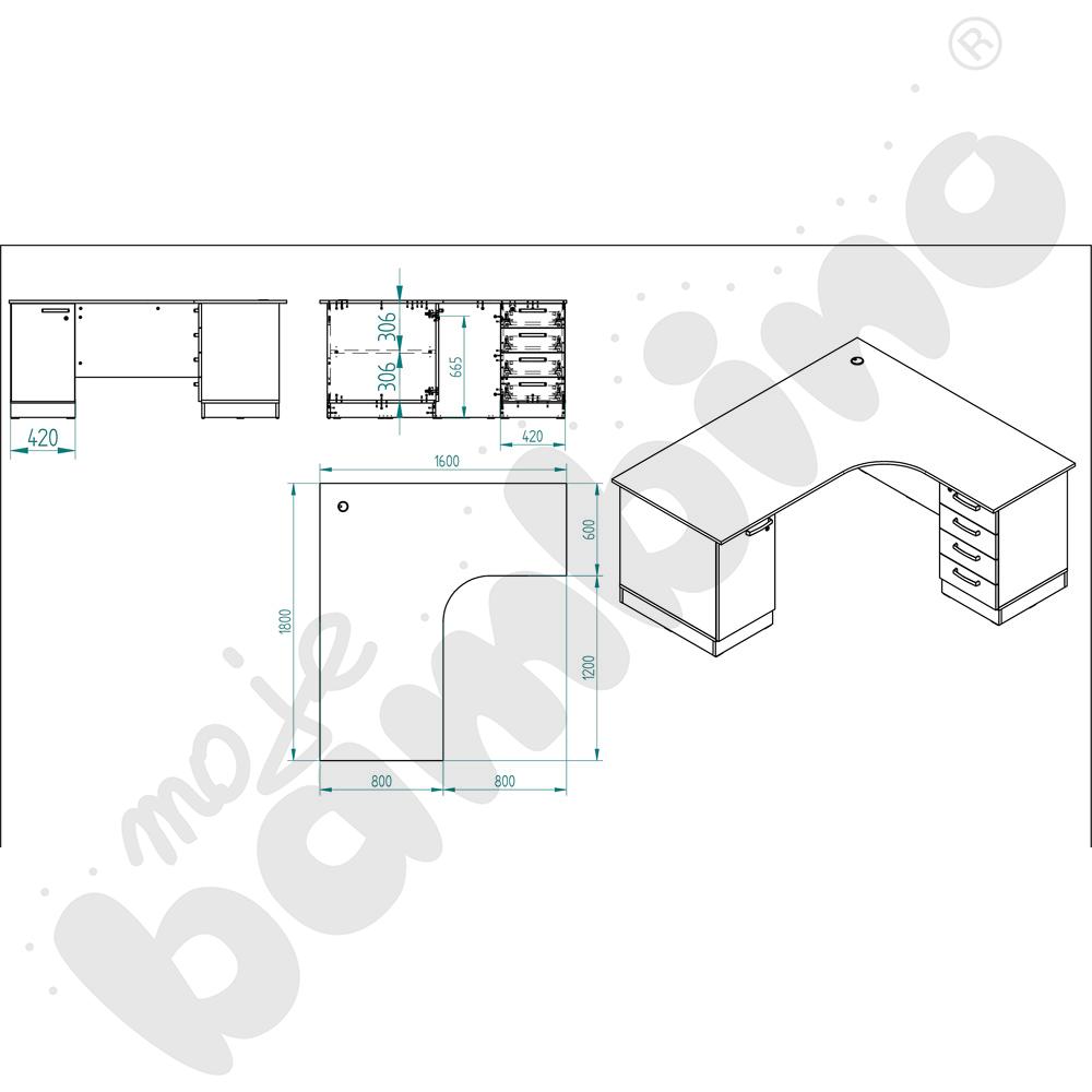 Biurko Grande narożne z szafką i szufladami prawe klon jasny